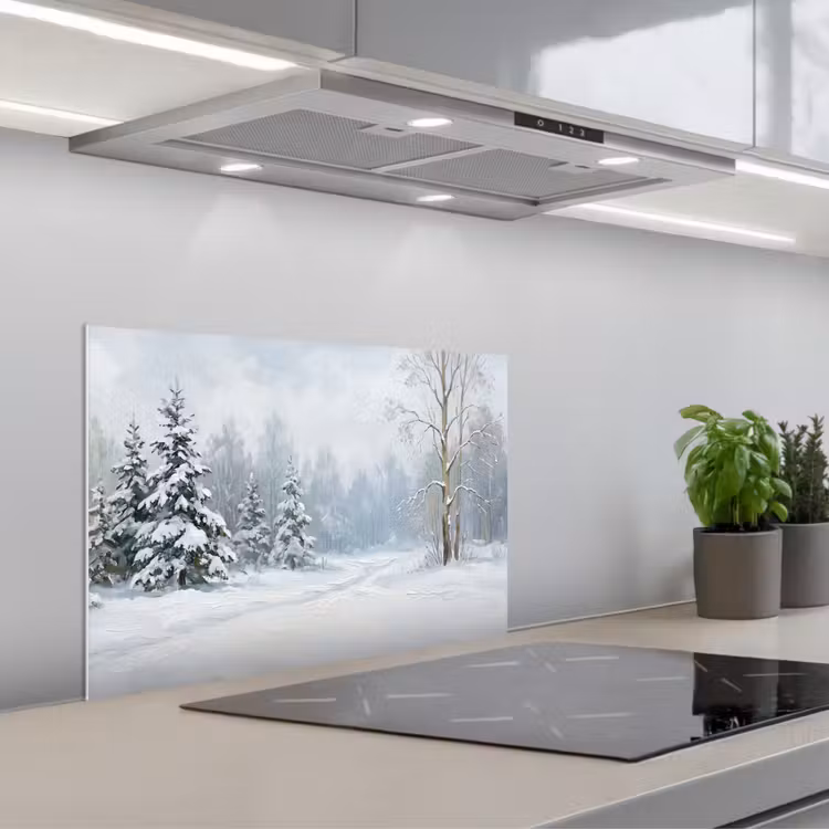 Spatscherm keuken - Bospad - Dennen - Sneeuw - Winter - Rustgevend — 1
