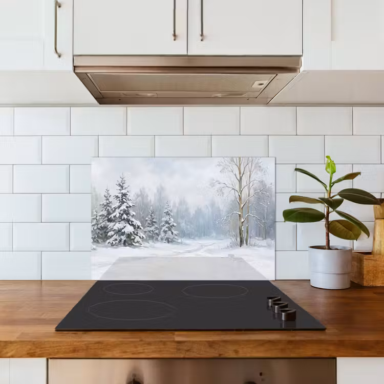 Spatscherm keuken - Bospad - Dennen - Sneeuw - Winter - Rustgevend — 3