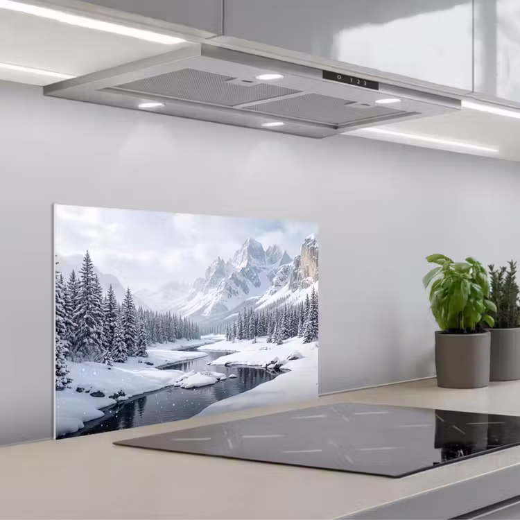 Spatscherm keuken - Sneeuwlandschap - Bergen - Rivier - Winter — 1