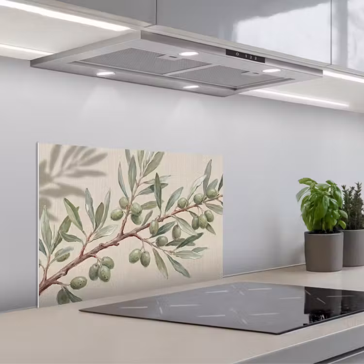 Spatscherm keuken - Olijftak - Bladeren - Natuur - Groen - Beige — 1
