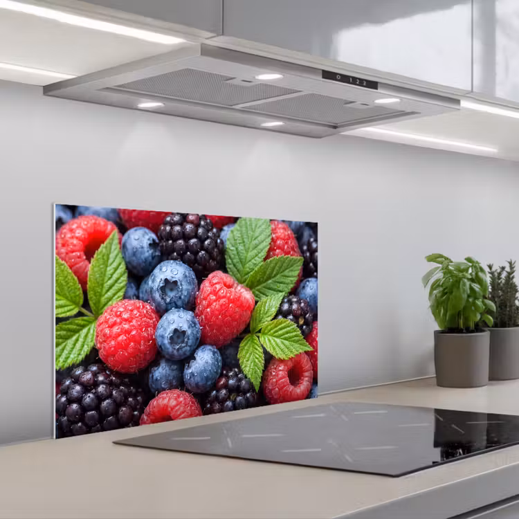 Spatscherm keuken - Bessen - Vers - Waterdruppels - Kleurrijk - Eten — 1