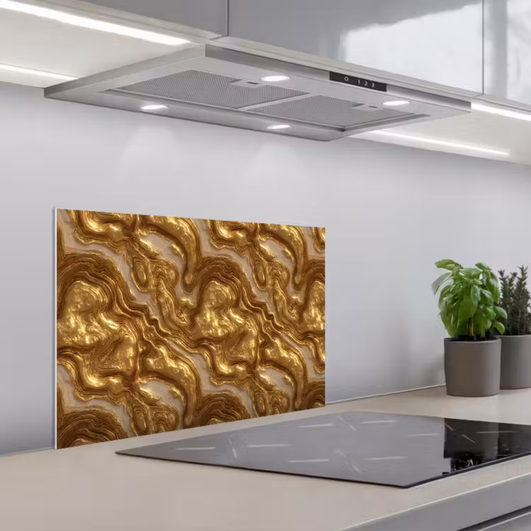 Spatscherm keuken - Golven - Organisch - Goud - Crème — 1