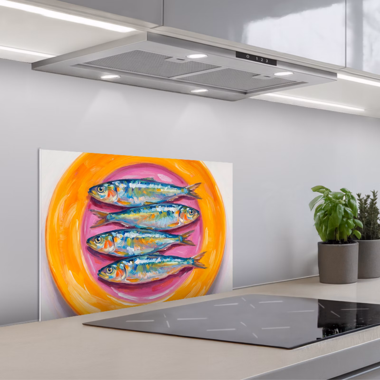 Spatscherm keuken - Vis - Vier - Eten - Modern - Kleurrijk — 1