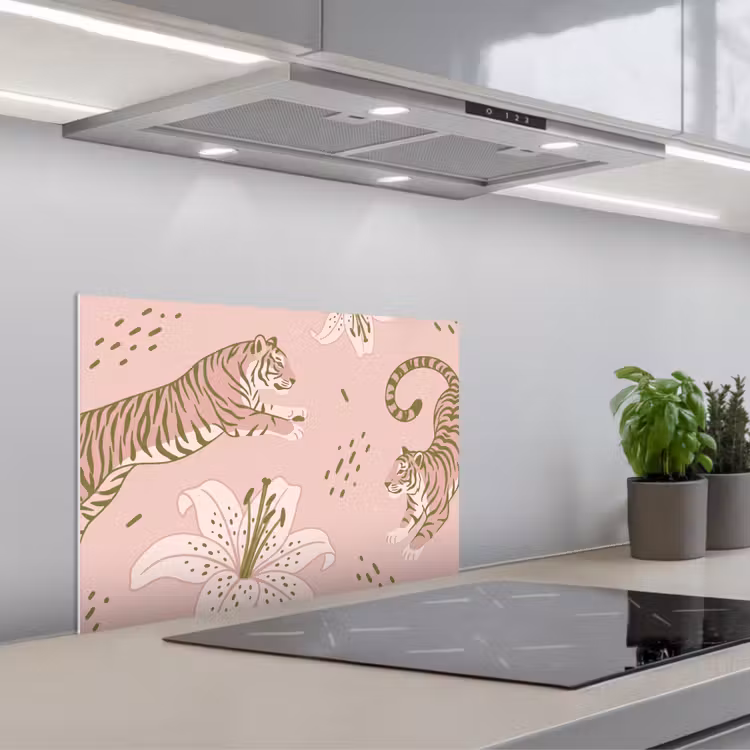 Spatscherm keuken - Kat - Springend - Bloemen - Abstract - Roze — 1