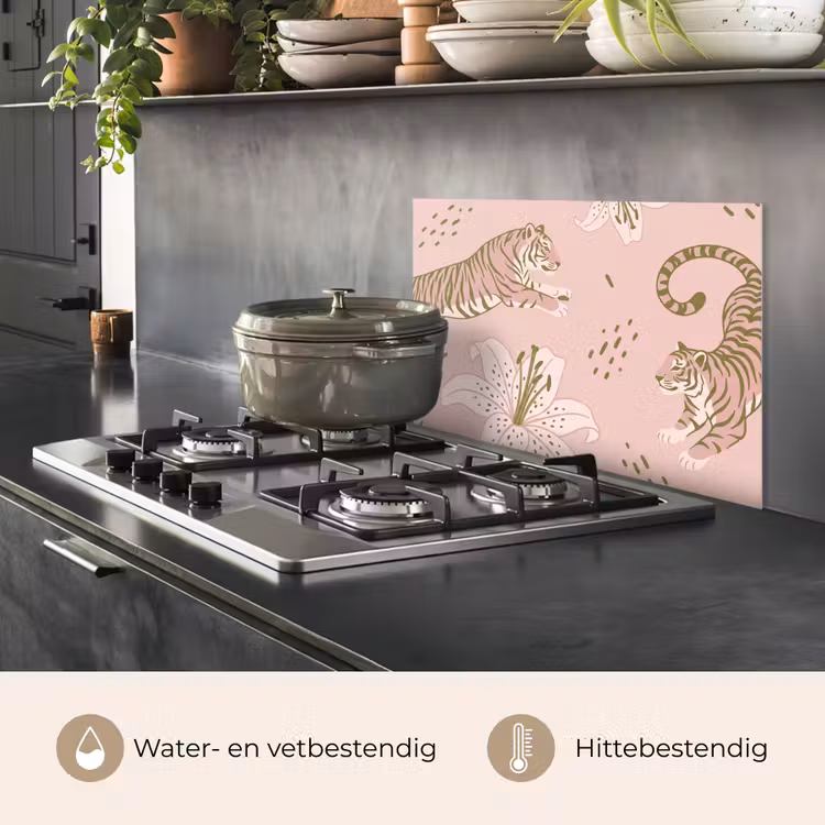 Spatscherm keuken - Kat - Springend - Bloemen - Abstract - Roze — 2