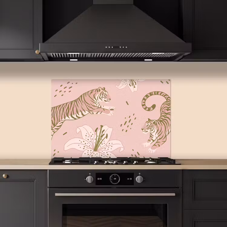 Spatscherm keuken - Kat - Springend - Bloemen - Abstract - Roze — 5