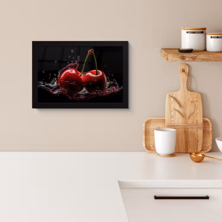Poster met lijst - Kersen - Rood - Fruit - Water - Zwart — 3