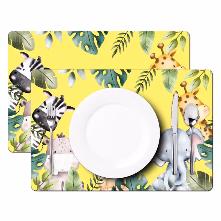 Placemat vinyl - Dieren - Bladeren - Kind - Geel - Watercolor — 2