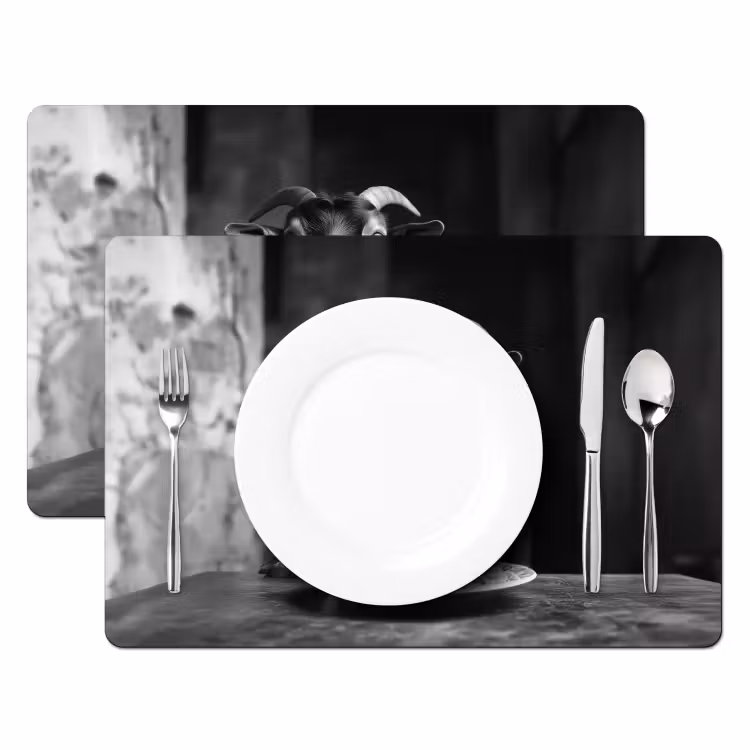 Placemat vinyl - Geit - Bord - Spaghetti - Zwart Wit — 2