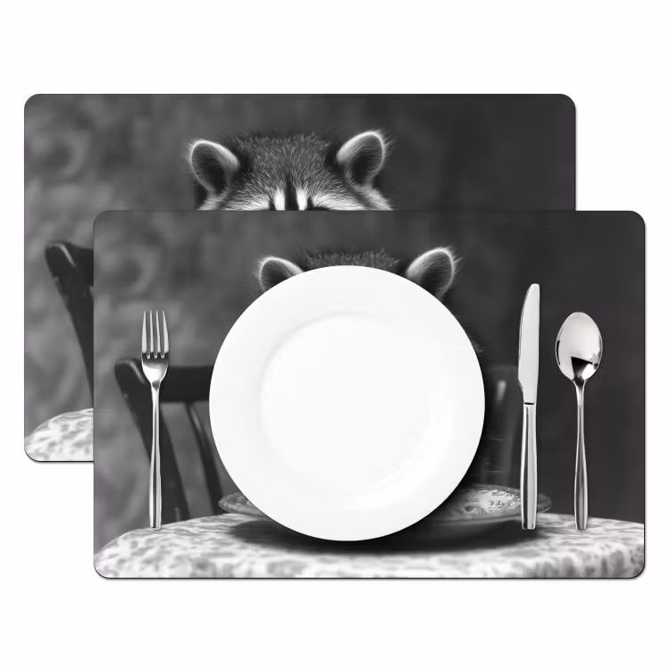 Placemat vinyl - Wasbeer - Cute - Pasta - Tafelkleed - Zwart - Wit — 2