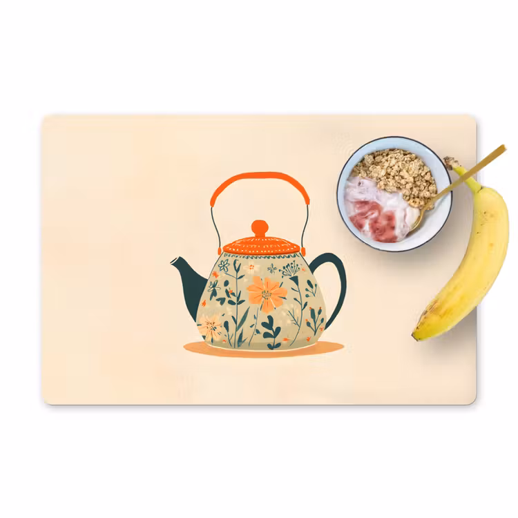 Placemat vinyl - Oranje - Theepot - Bloemen - Bladeren — 1