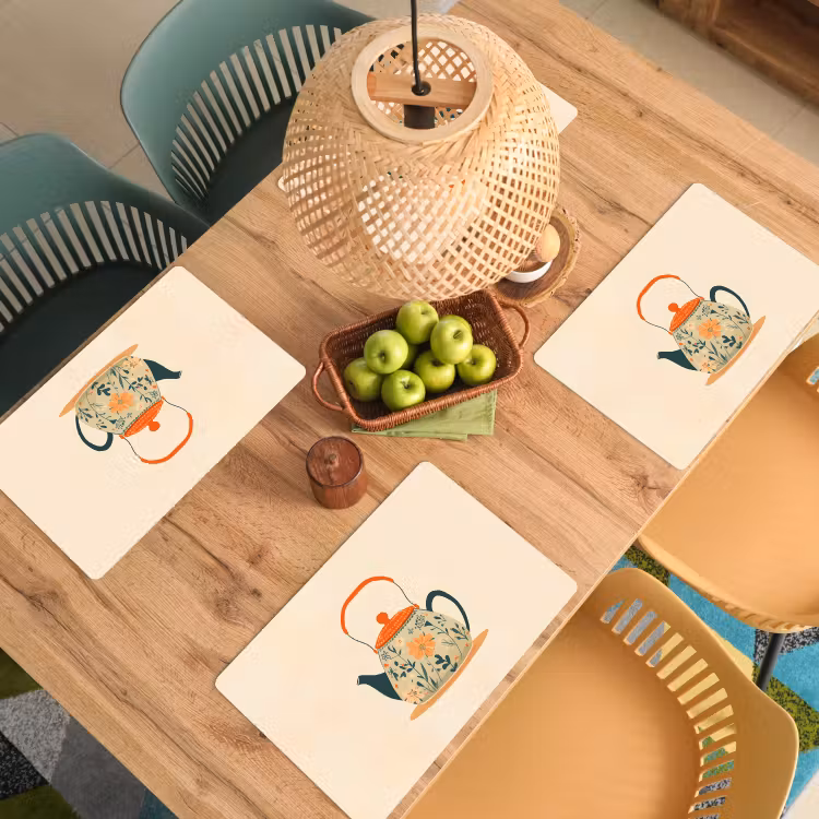 Placemat vinyl - Oranje - Theepot - Bloemen - Bladeren — 3
