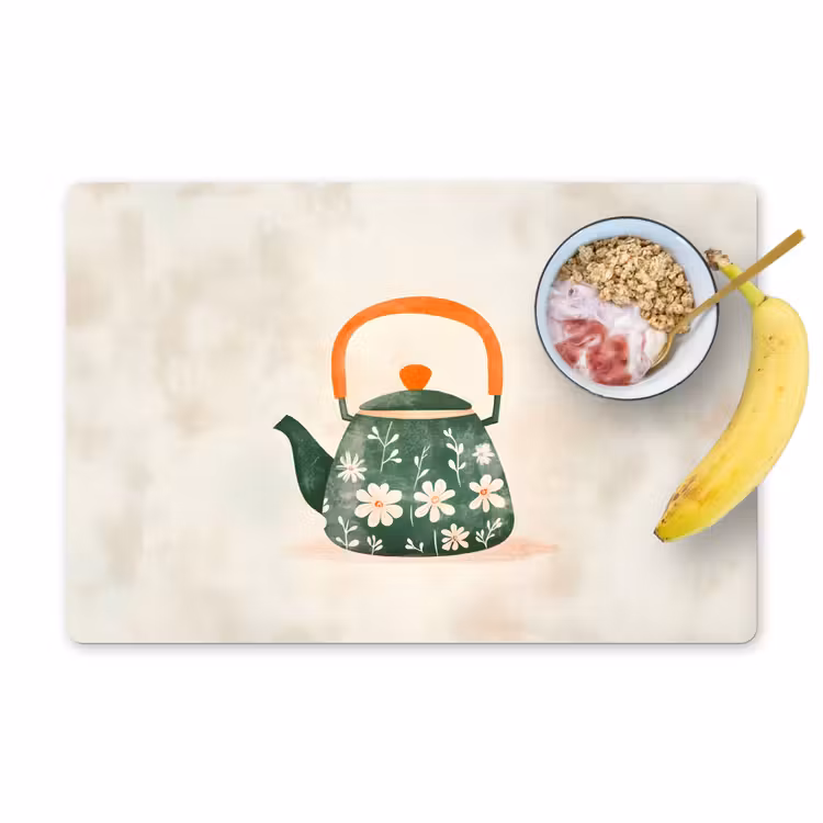 Placemat vinyl - Theepot - Groen - Bloemen - Oranje — 1