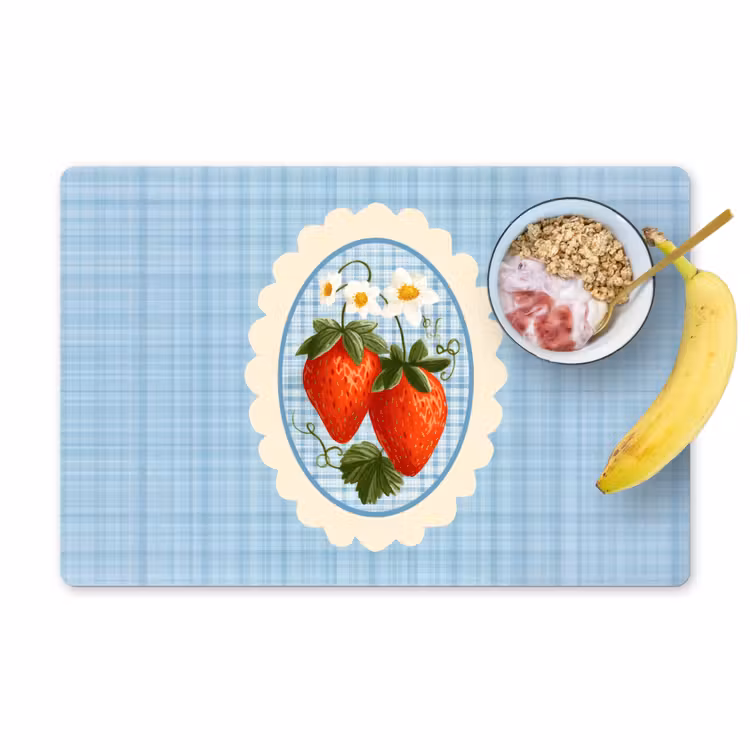 Placemat vinyl - Aardbeien - Lijst - Rood - Geruit — 1