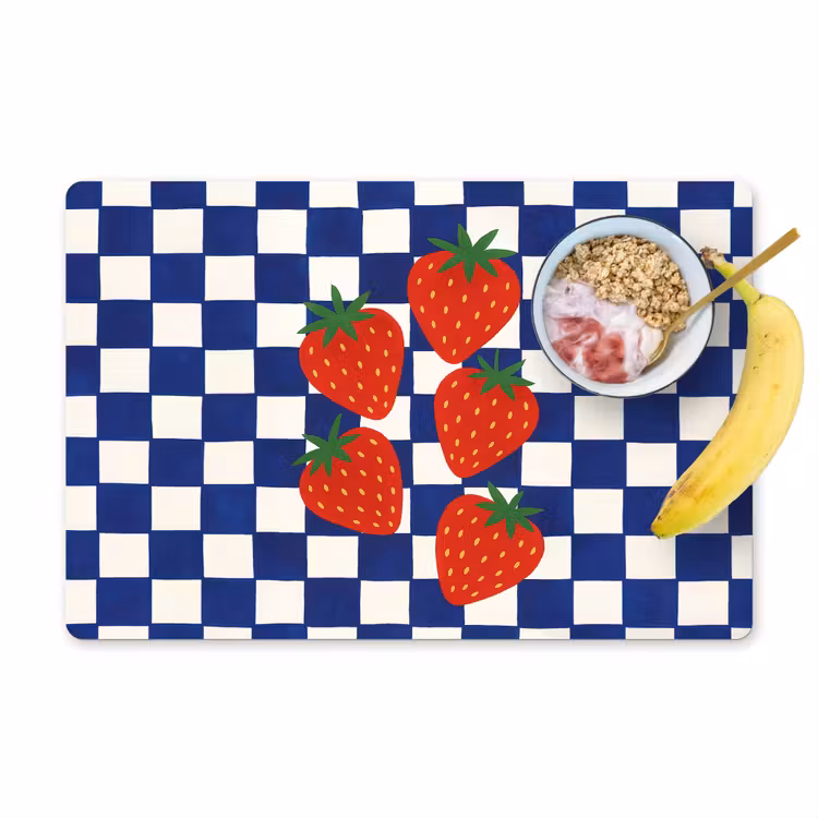 Placemat vinyl - Geblokt - Blauw - Aardbeien — 1
