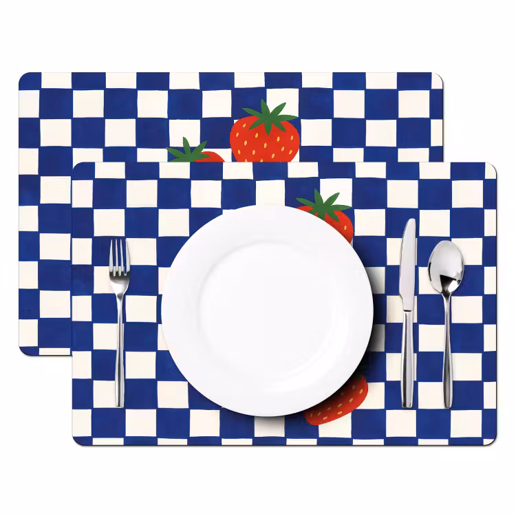 Placemat vinyl - Geblokt - Blauw - Aardbeien — 2