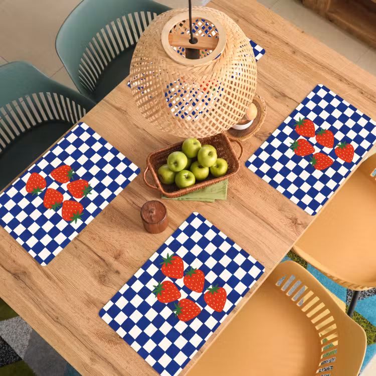 Placemat vinyl - Geblokt - Blauw - Aardbeien — 3