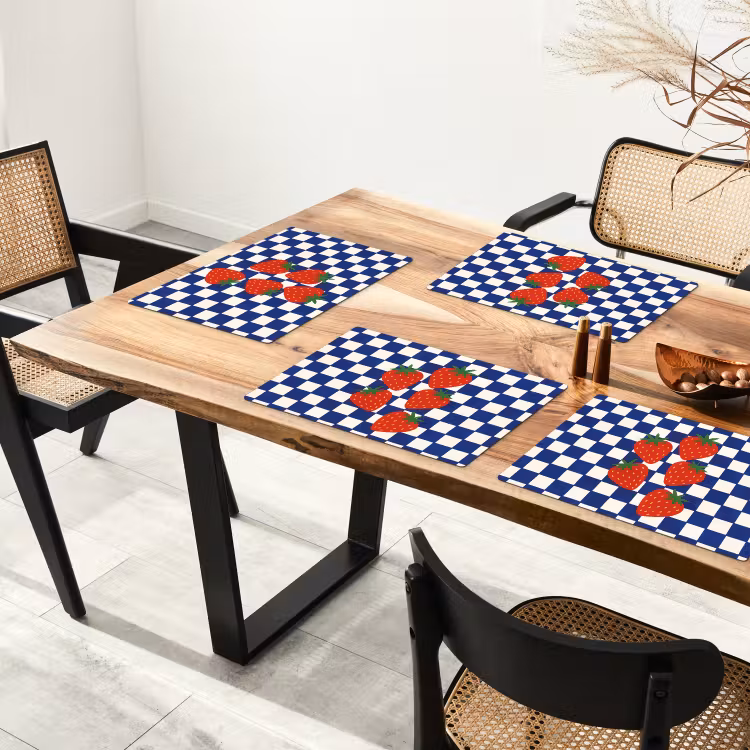 Placemat vinyl - Geblokt - Blauw - Aardbeien — 4