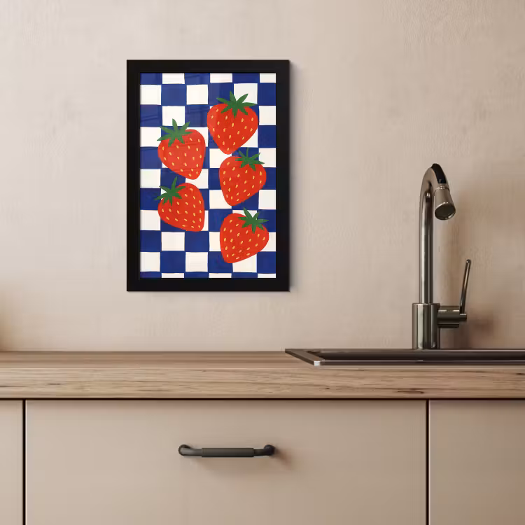 Poster met lijst - Geblokt - Blauw - Aardbeien — 3