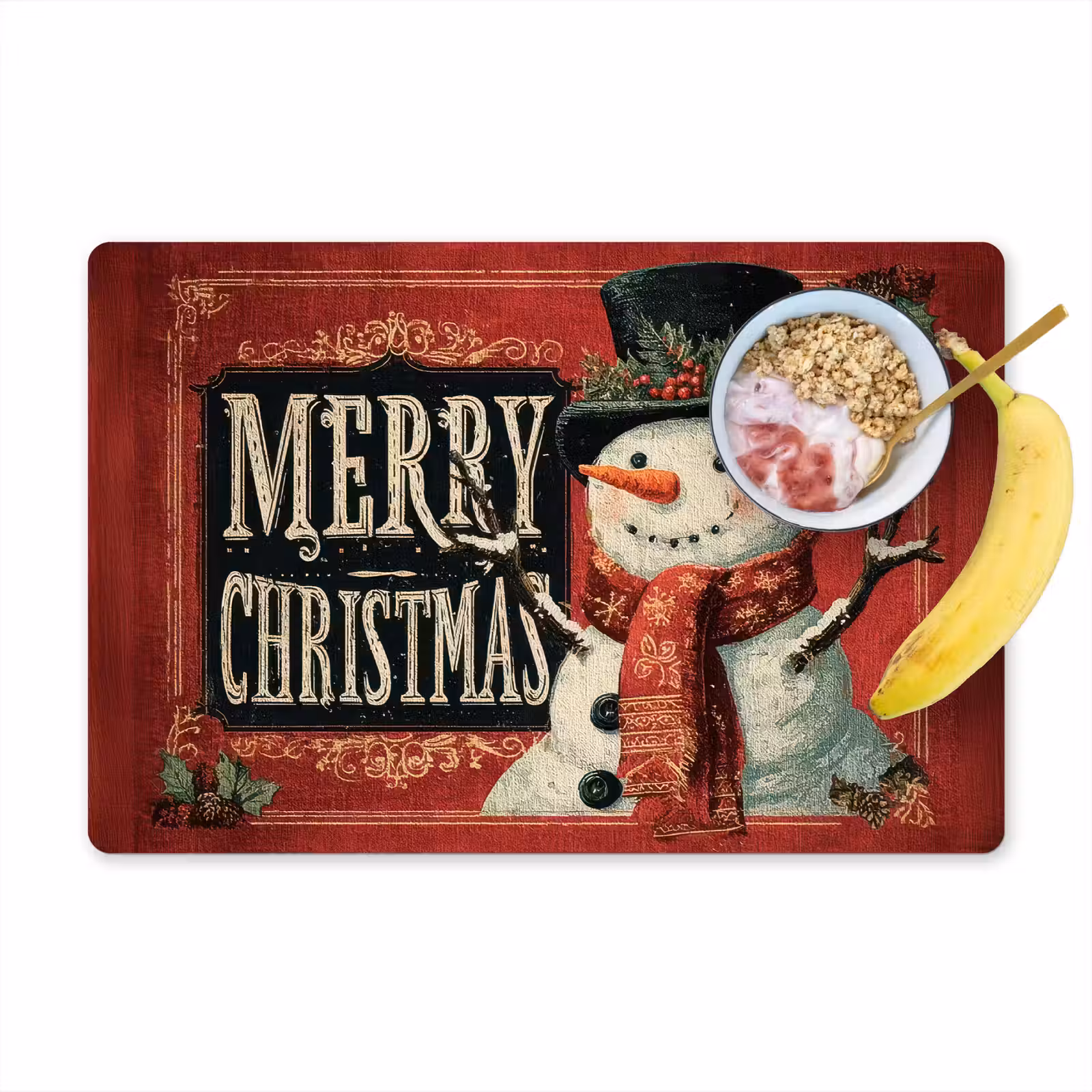 Placemat vinyl - Klassiek - Kerstgroet - Sneeuwpop - Rood — 1