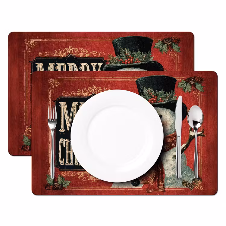 Placemat vinyl - Klassiek - Kerstgroet - Sneeuwpop - Rood — 2