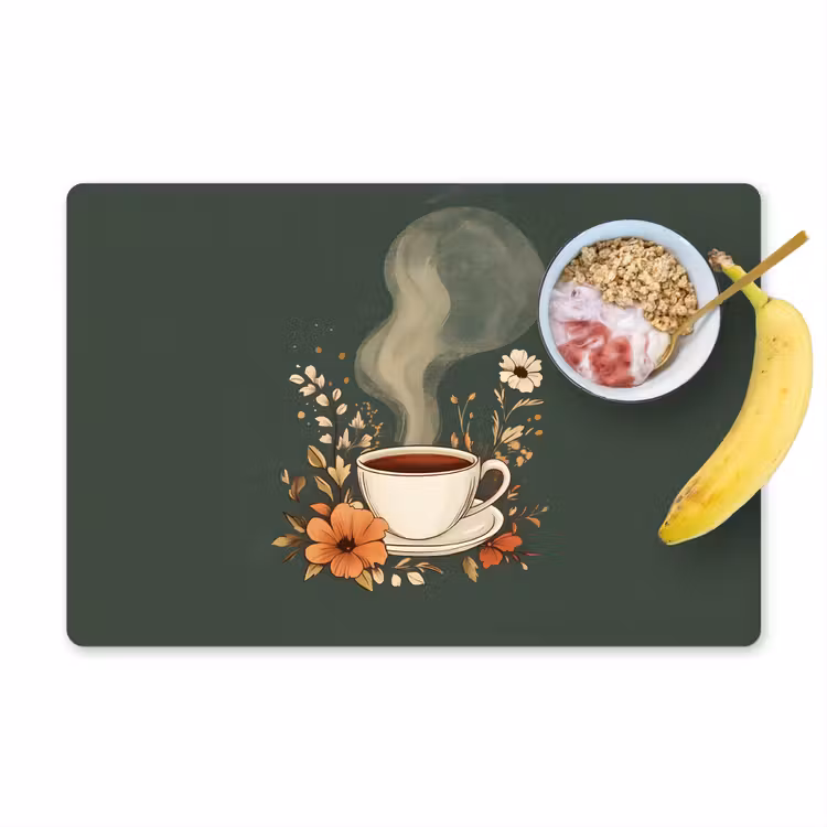 Placemat vinyl - Kop - Bloemen - Groen - Koffie — 1