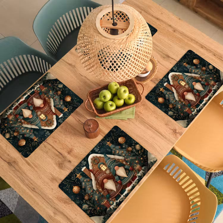 Placemat vinyl - Kerst - Gnomen - Peperkoekhuisje - Rood - Groen — 3