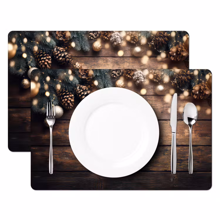 Placemat vinyl - Kerstdecoratie - Houten - Dennenappel - Bruin — 2