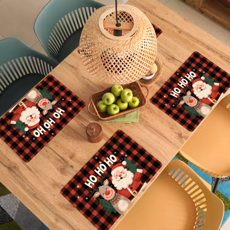 Placemat - 6 stuks - Kerstman - Rendier - Tekst - Rood - Zwart — 3