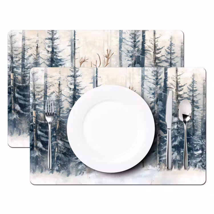 Placemat vinyl - Rendier - Sneeuw - Woud - Wit — 2