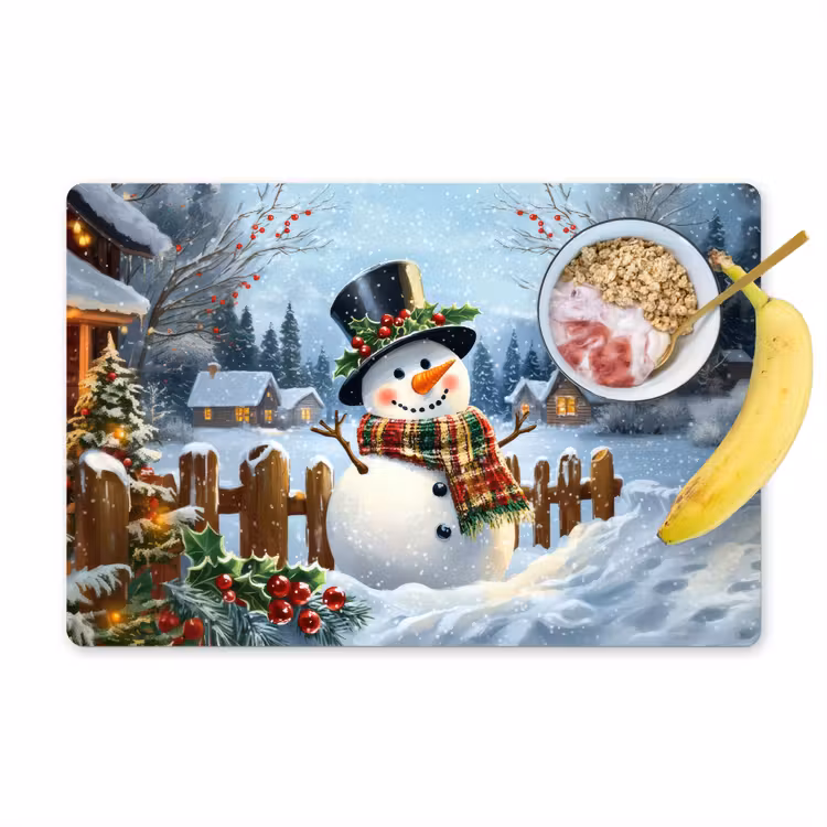 Placemat vinyl - Sneeuwpop - Winterdorp - Kleurrijk — 1