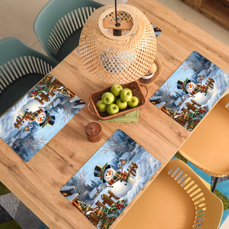 Placemat vinyl - Sneeuwpop - Winterdorp - Kleurrijk — 3