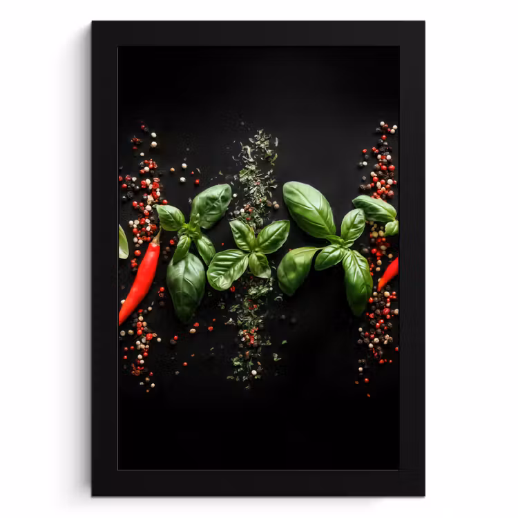 Poster met lijst - Chilipepers - Basilicum - Blaadjes - Rood — 1