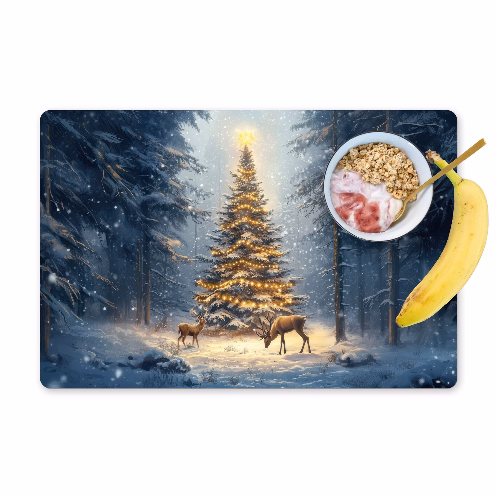 Placemat vinyl - Kerstlicht - Woud - Hert - Donker — 1