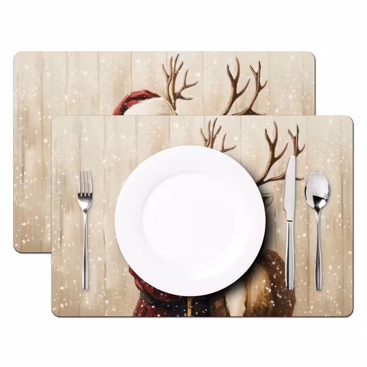 Placemat vinyl - Kerstman - Rendier - Sneeuw - Kleurrijk — 2
