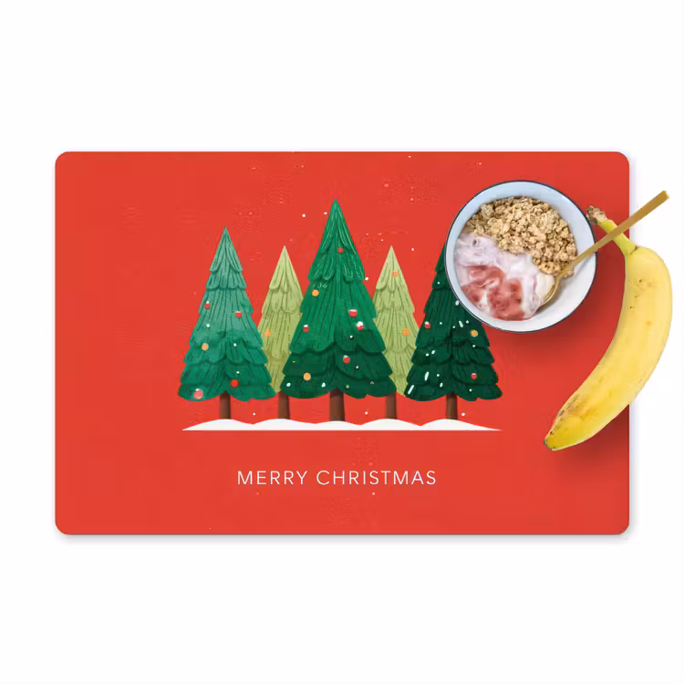 Placemat vinyl - Minimalistisch - Kerstbomen - Rood - Sneeuw — 1