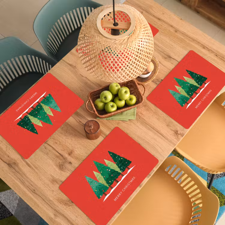 Placemat vinyl - Minimalistisch - Kerstbomen - Rood - Sneeuw — 3