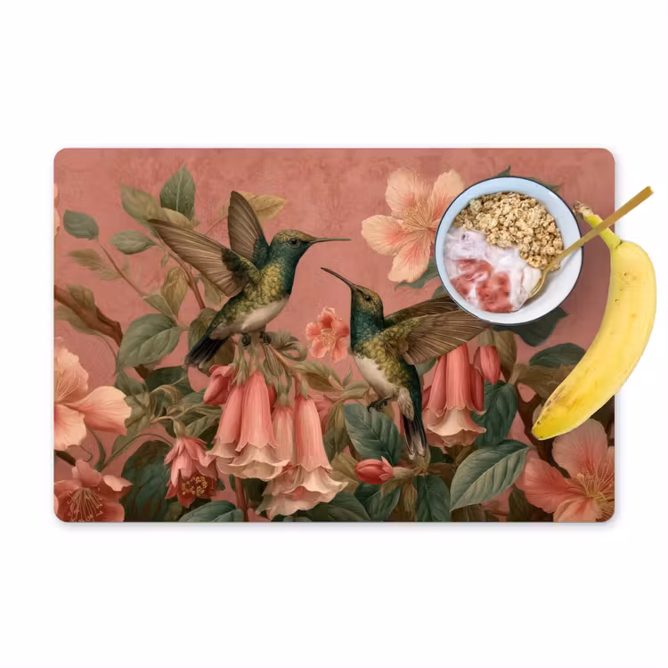 Placemat vinyl - Kolibries - Bloemen - Groen - Roze — 1