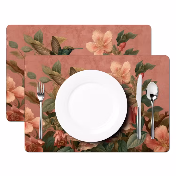 Placemat vinyl - Kolibries - Bloemen - Groen - Roze — 2