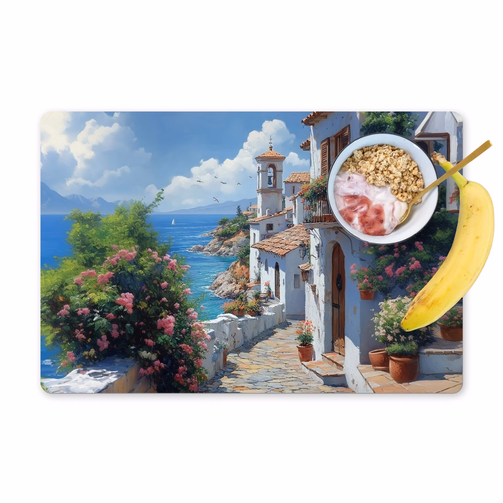Placemat vinyl - Huizen - Zee - Bomen - Bloemen — 1
