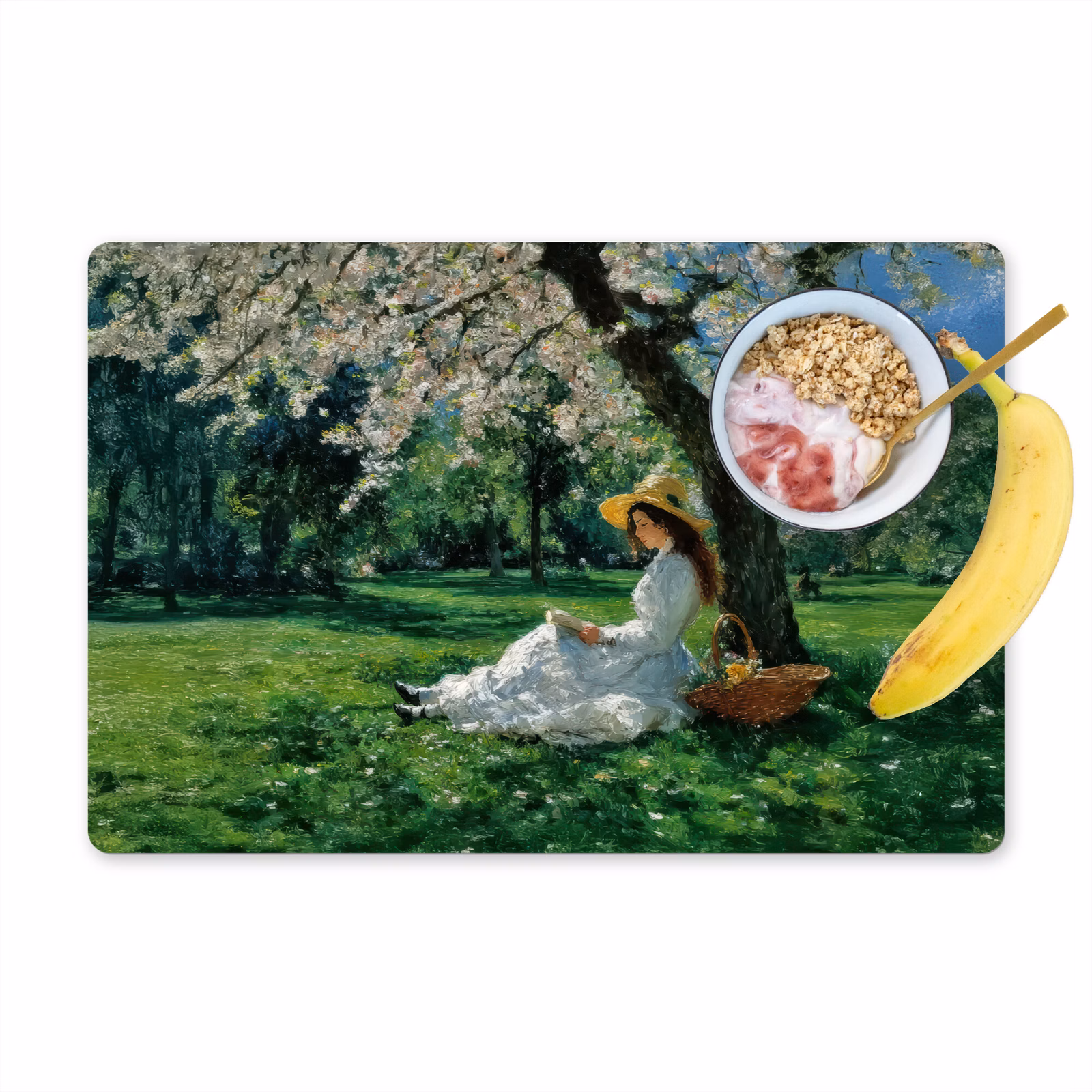 Placemat vinyl - Vrouw - Boom - Boek - Mandje — 1
