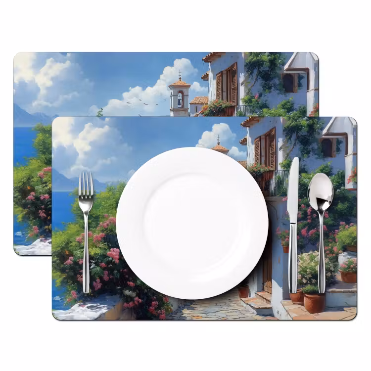 Placemat vinyl - Huizen - Zee - Bomen - Bloemen — 2