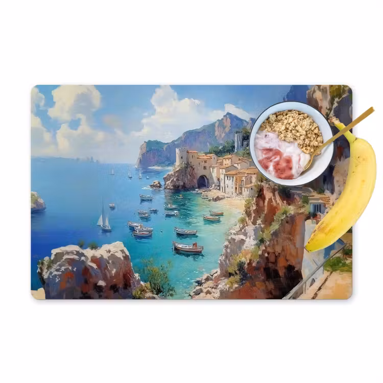Placemat vinyl - Kustdorp - Schilderij - Rotsen - Boten — 1