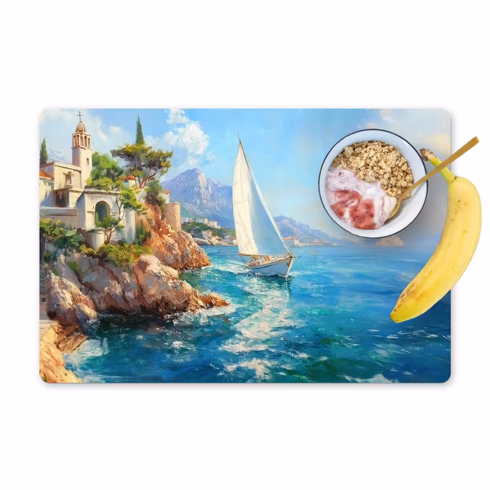 Placemat vinyl - Zeilboot - Rotsen - Kust - Huizen — 1