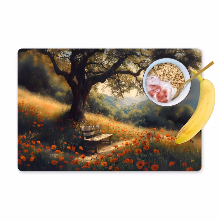 Placemat vinyl - Bankje - Boom - Klaprozen - Heuvels — 1