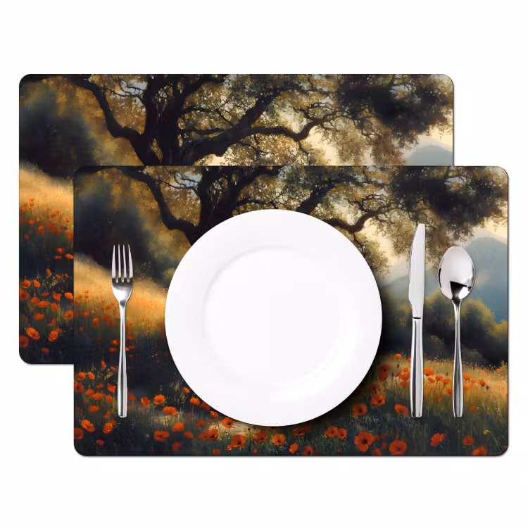 Placemat vinyl - Bankje - Boom - Klaprozen - Heuvels — 2