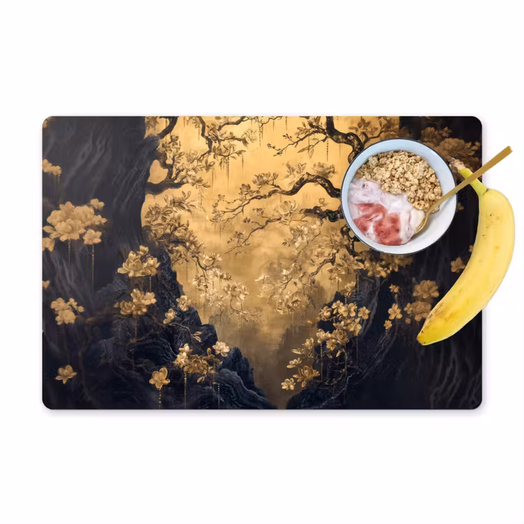 Placemat vinyl - Bloemen - Takken - Goud - Sierlijk — 1