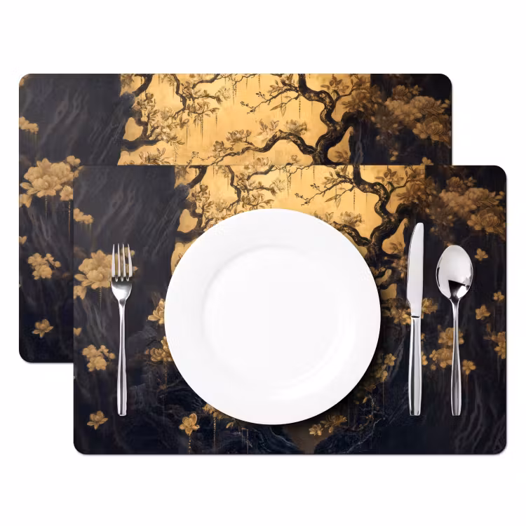 Placemat vinyl - Bloemen - Takken - Goud - Sierlijk — 2