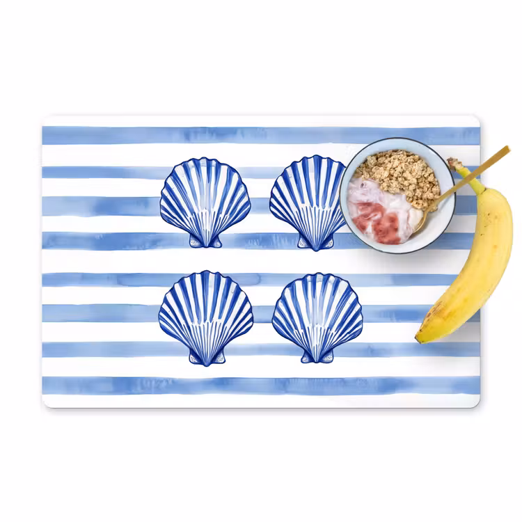 Placemat vinyl - Vier schelpen - Blauw - Wit - Strepen — 1