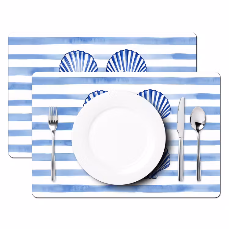 Placemat vinyl - Vier schelpen - Blauw - Wit - Strepen — 2